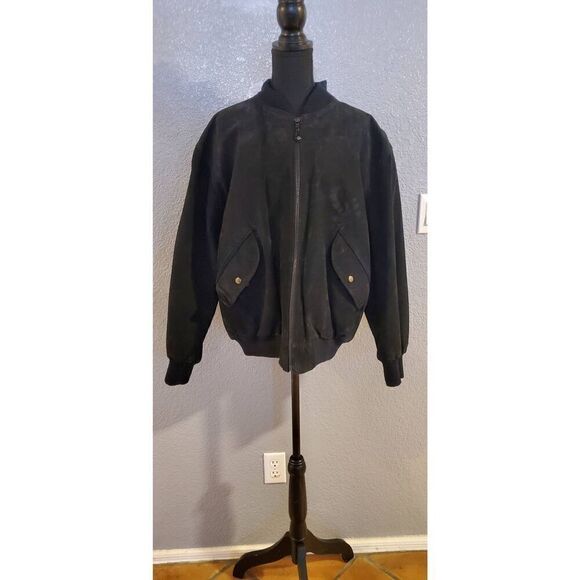 Foxrun Vintage Bomber Suede Jacket front pockets snap buttons in Black Size Larg - Picture 4 of 11